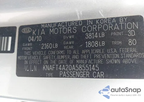 2010 Kia Forte Lx z USA, uszkodzony, nr VIN KNAFT4A20A5855145